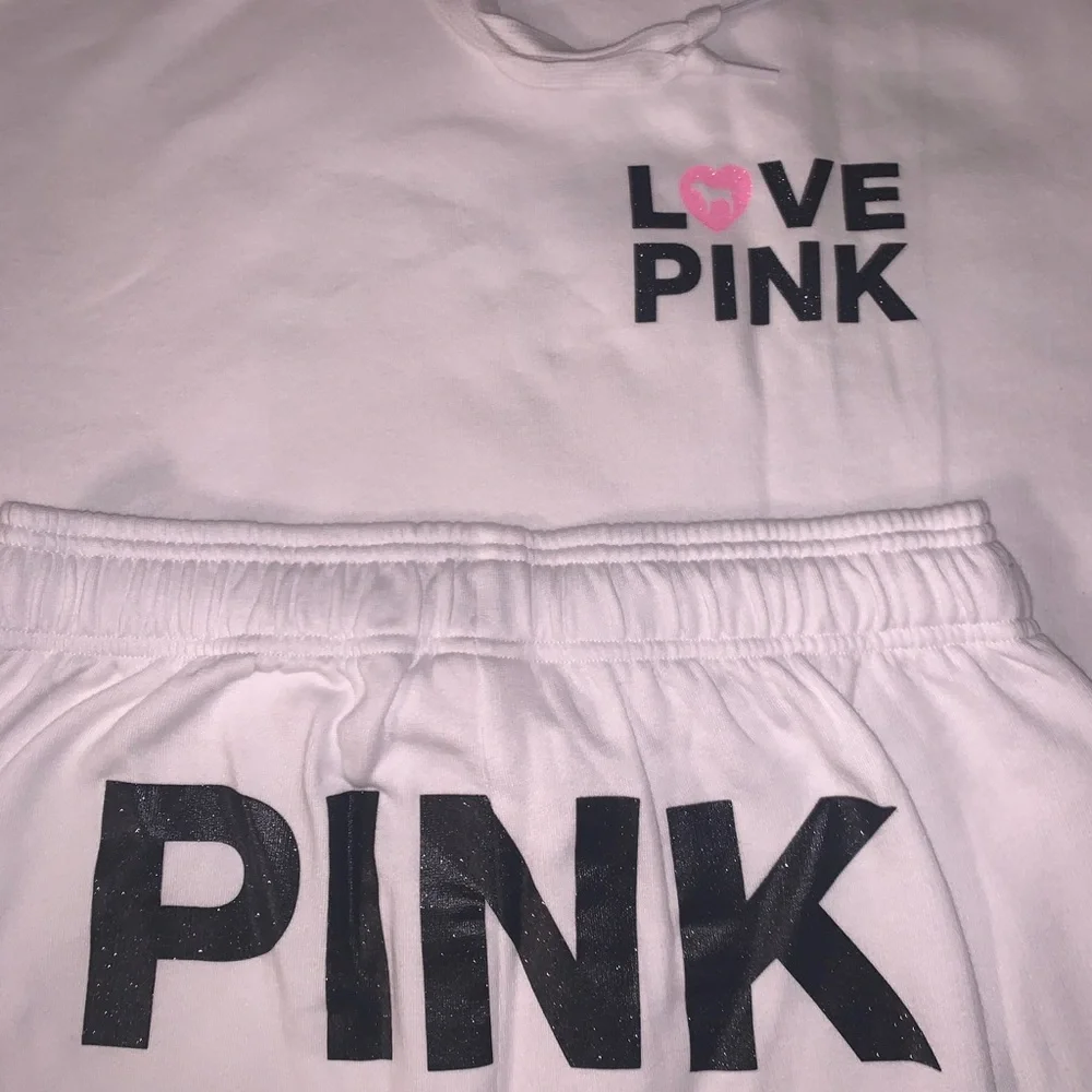 Victoria’s Secret Pink Originals White Pullover Hoodie Campus Sweats & Tee SET - Picture 4 of 7